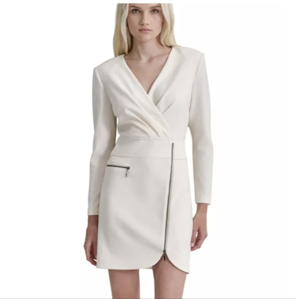 DKNY White Off Wrap Neckline Blazer Dress with Zipper Detail Size 12 New